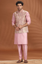 Pink Silk Kurta Pajama with Printed Jacket